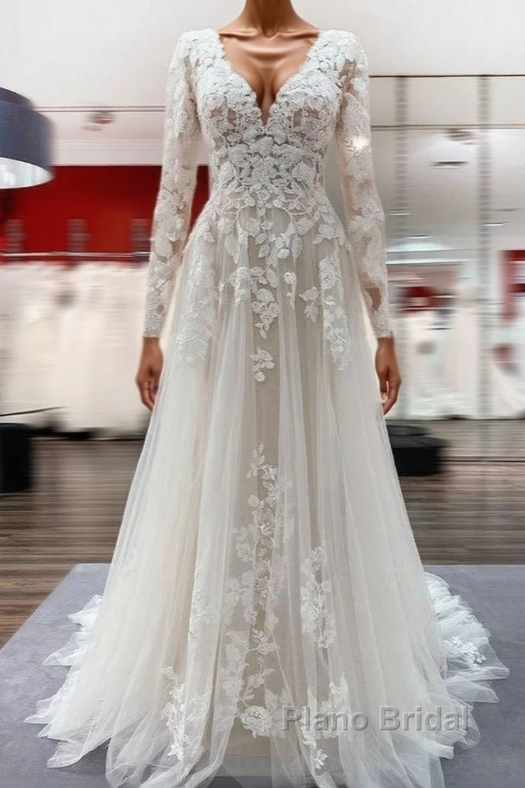 Ivory A-line Tulle Long Sleeves Lace Appliques Open Back Wedding Dresses