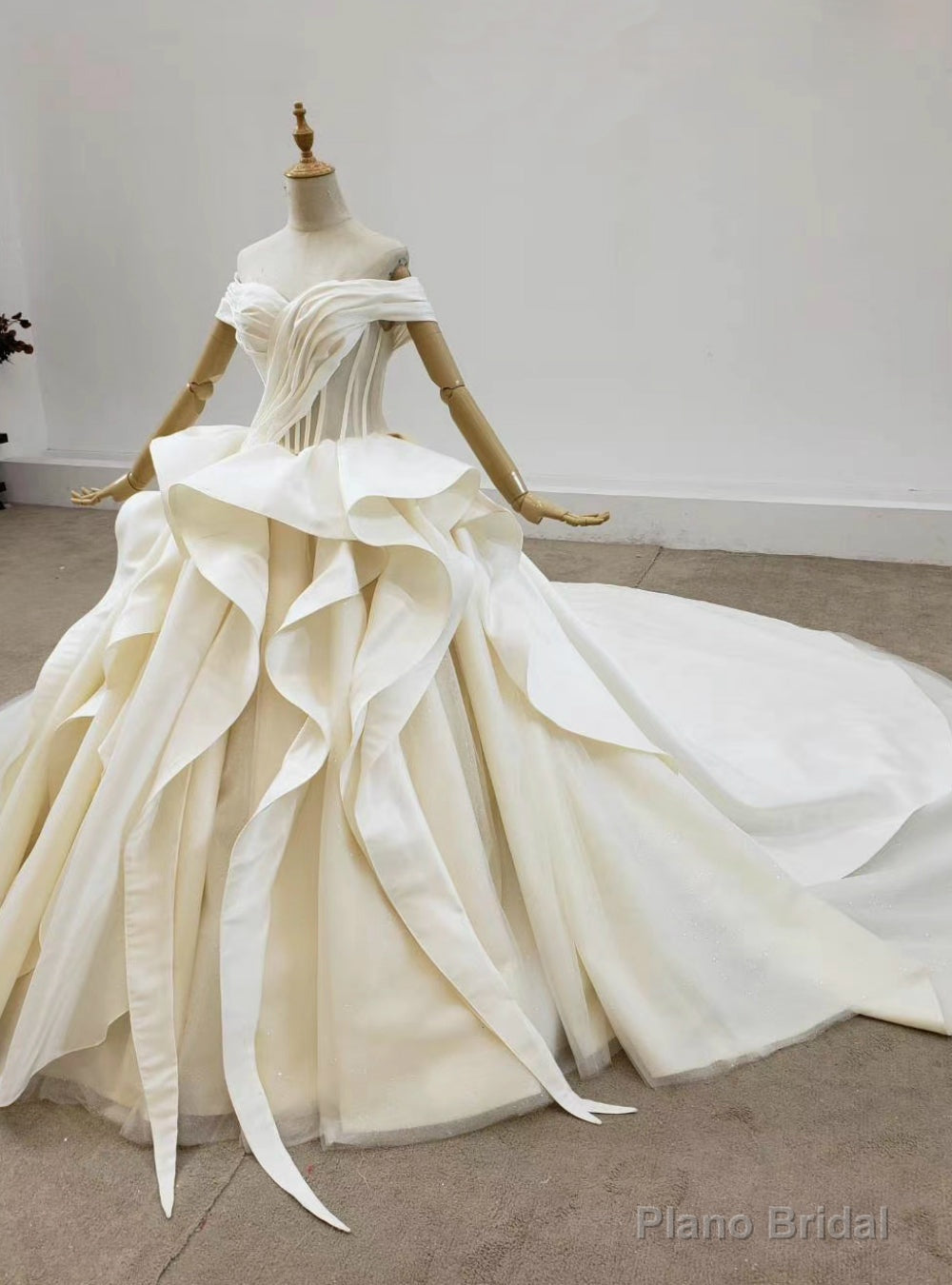 Ivory Ball Gown Satin Tulle Off the Shoulder Pleats Wedding Dress Main image