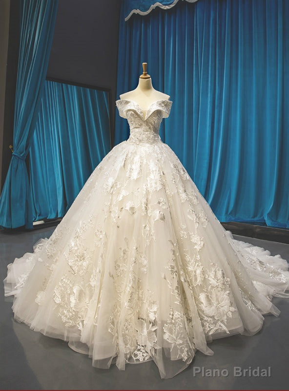 Ivory Ball Gown Tulle Appliques Off the Shoulder Wedding Dress With Train Main image