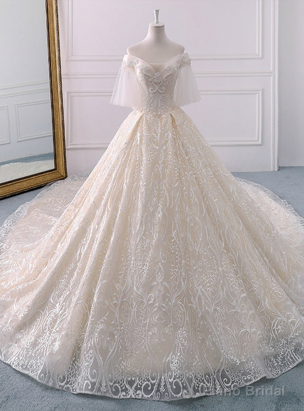 Ivory Ball Gown Tulle Off The Shoulder Long Train Wedding Dress Main image