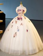 Ivory Ball Gown With Flowers Sweetheart Formal Dresses, Lovely Sweet 16 Dresses Party Dresses