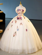 Ivory Ball Gown With Flowers Sweetheart Formal Dresses, Lovely Sweet 16 Dresses Party Dresses