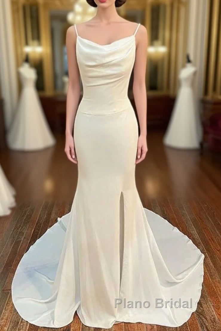 Ivory Cowl Neck Backless Mermaid Long Wedding Dresses With Slit Main image