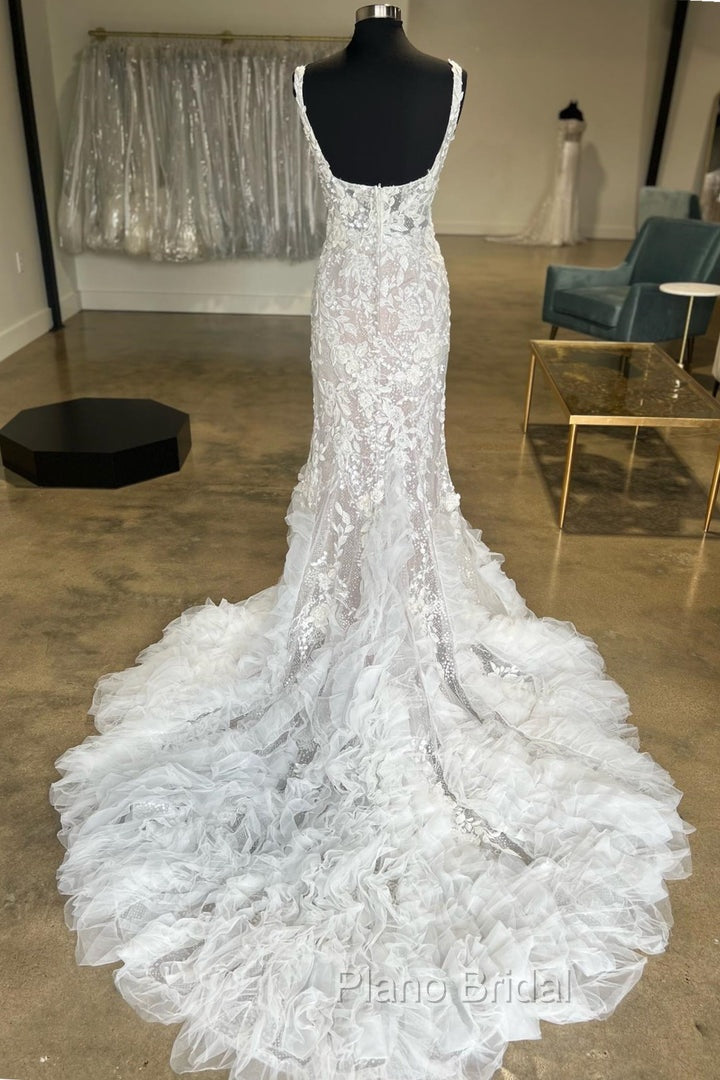 Ivory Floral Lace Square Neck Ruffles Long Wedding Gown Beautiful Secondary image