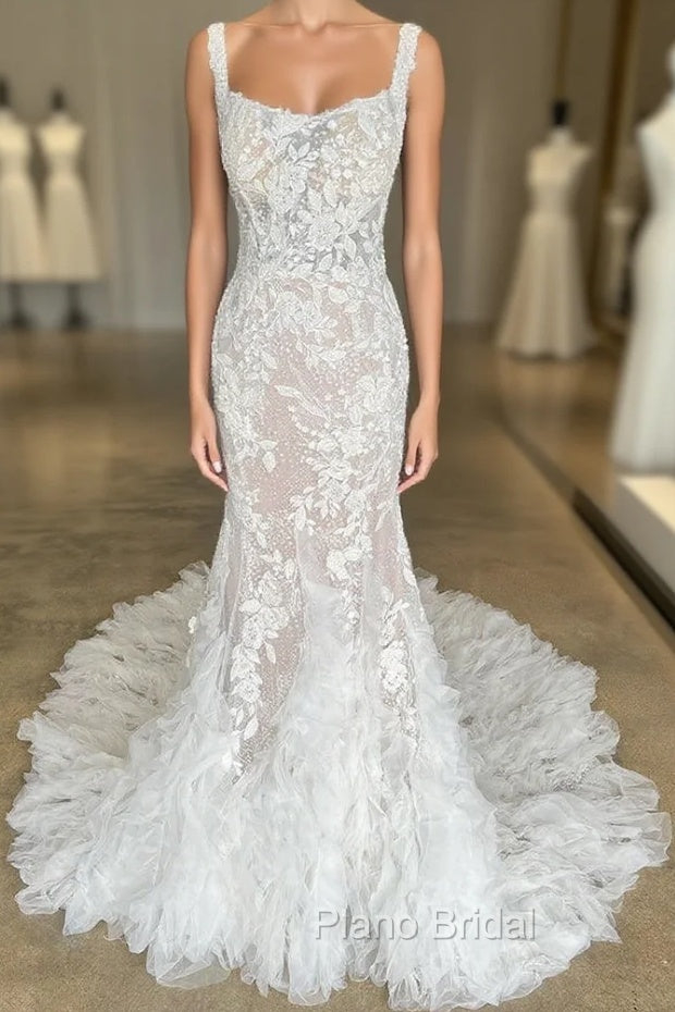 Ivory Floral Lace Square Neck Ruffles Long Wedding Gown Beautiful Main image