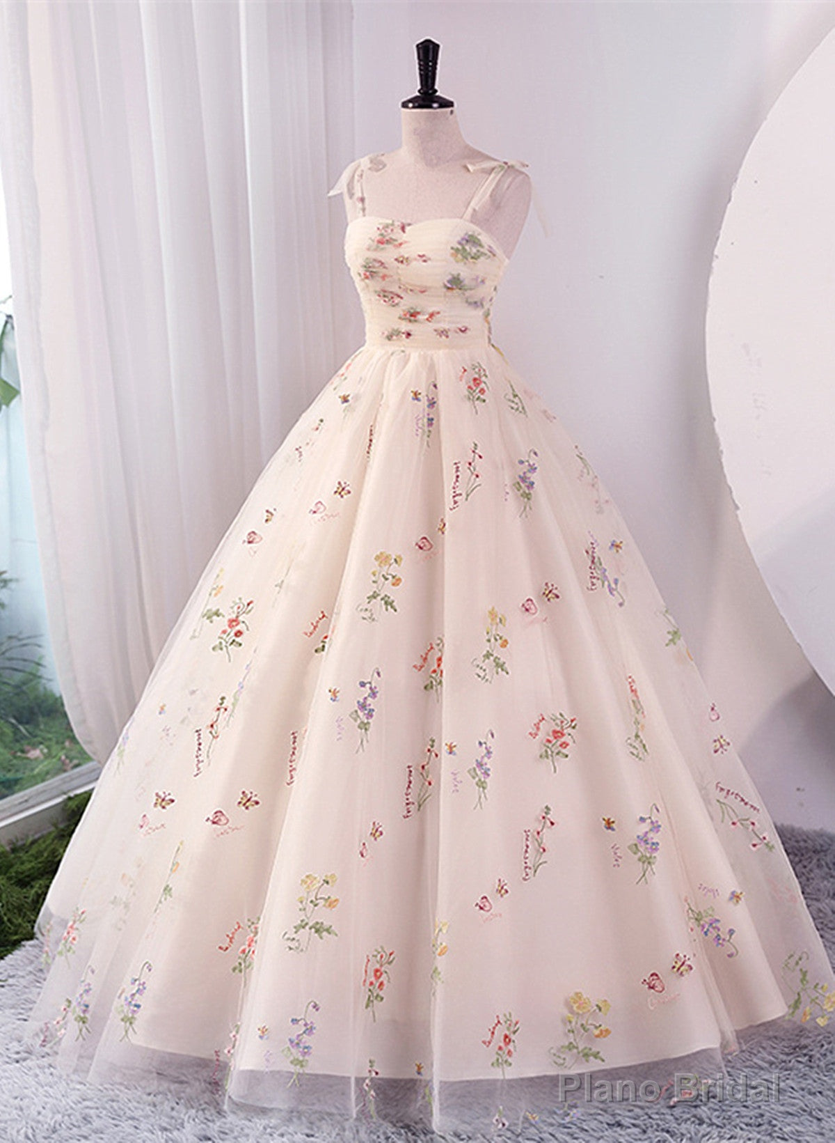 Ivory Floral Tulle Ball Gown Straps Sweet 16 Dress, Ivory Long Party Dress Formal Dress Main image
