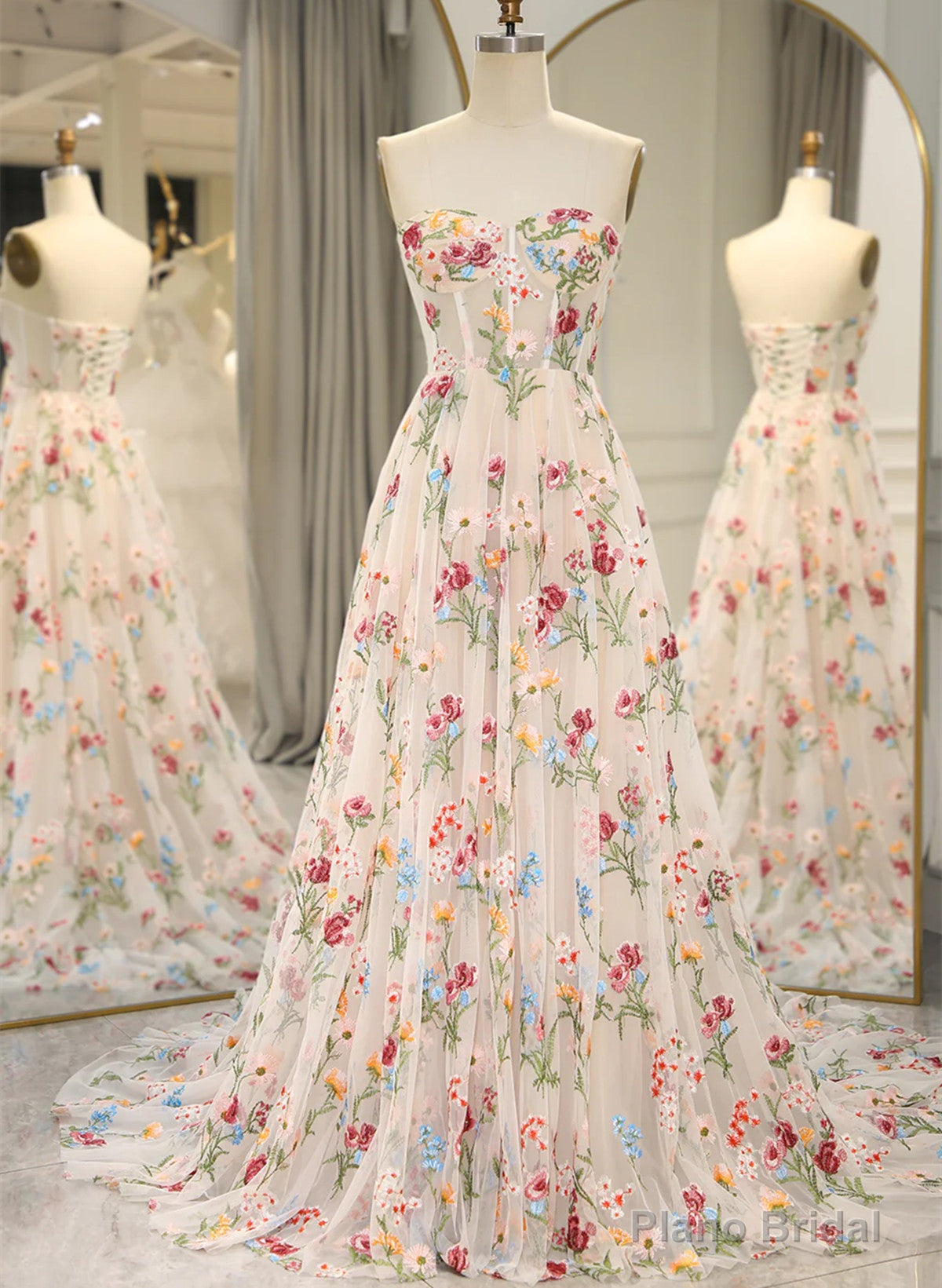 Ivory Floral Tulle Sweetheart Strapless Long Formal Dress, Tulle A-line Prom Dress Main image