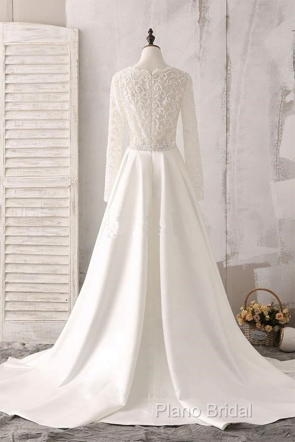 Ivory Lace And Satin V-Neck Long Sleeve Beaded Wedding Dresses Secondary image