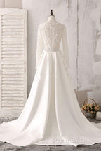 Ivory Lace And Satin V-Neck Long Sleeve Beaded Wedding Dresses