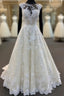 Ivory Lace Round Neck Cap Sleeve Sweep Train Custom Size Wedding Dresses, Formal Prom Dresses