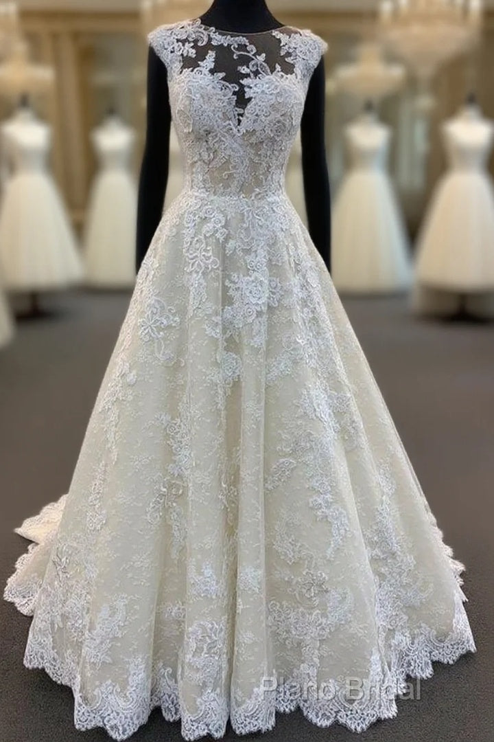 Ivory Lace Round Neck Cap Sleeve Sweep Train Custom Size Wedding Dresses, Formal Prom Dresses Main image