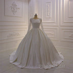 Ivory Long Sleevess Jewel Ruffless Flowers Bedaings Wedding dress