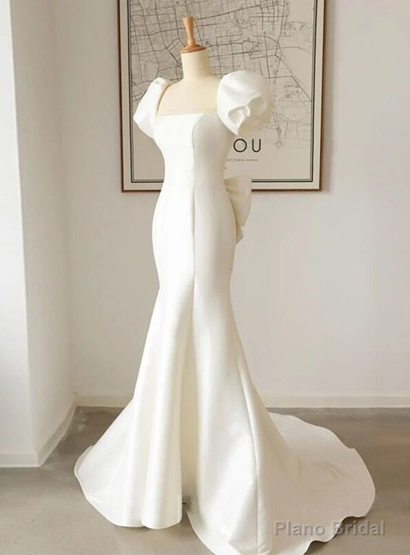 Ivory Mermaid Satin Puff Sleeve Bow Wedding Dress Main image