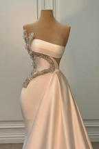 Ivory One Shoulder Ivory Satin Silver Beaded Mermaid Prom Dresses