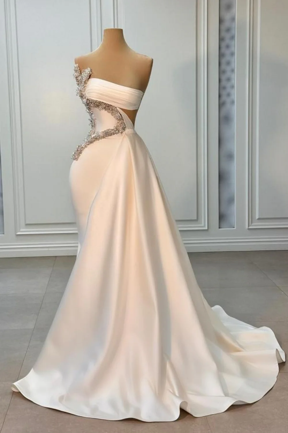 Ivory One Shoulder Ivory Satin Silver Beaded Mermaid Prom Dresses Main image