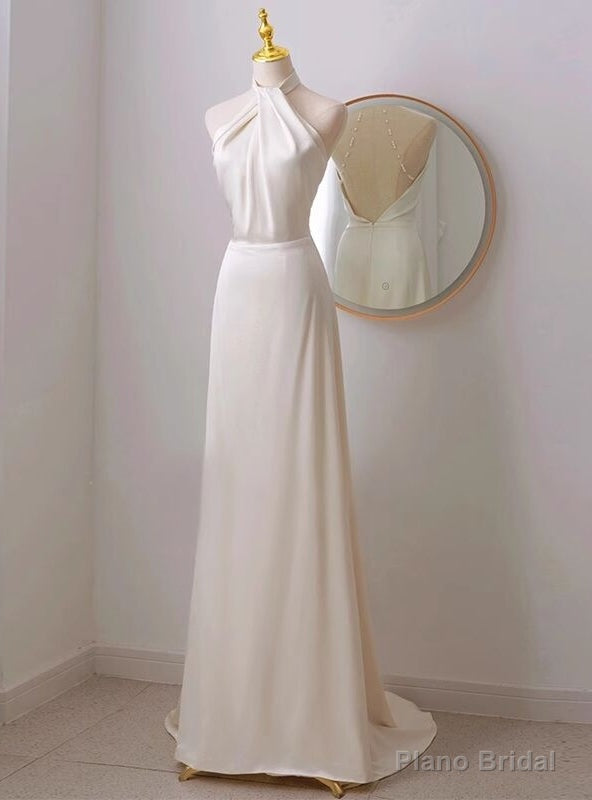 Ivory Satin Halter Backless Wedding Dress Main image