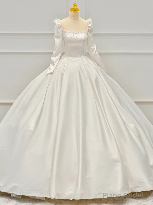 Ivory Satin Long Sleeve Square Pearls Wedding Dress Main image
