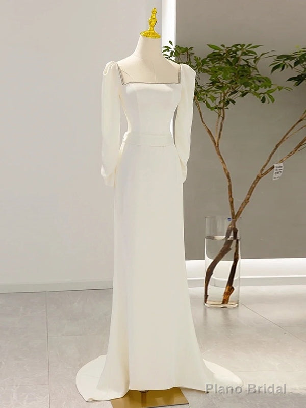 Ivory Satin Long Sleeve Square Wedding Dress Main image