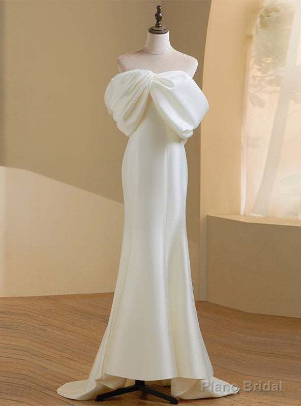 Ivory Satin Off the Shoulder Bow Wedding Dress Main image