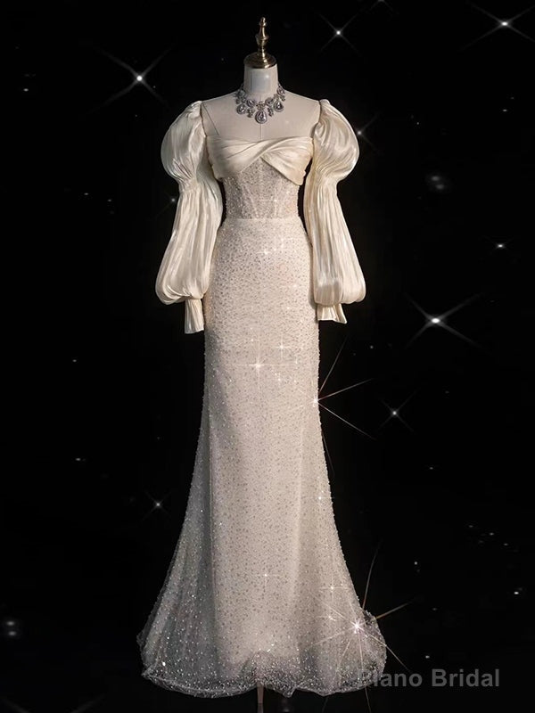 Ivory Satin Sequins Puff Sleeve Wedding Dress Main image