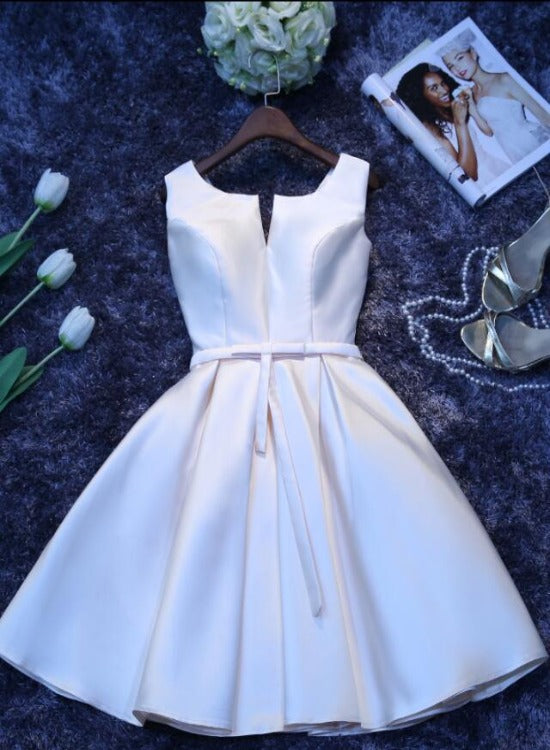 Ivory Satin Short Simple Cute Bridesmaid Dresses Party Dresses, Short Graduation Dresses Formal Prom Dresses