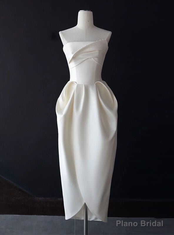Ivory Satin Strapless Pleats Short Wedding Dress Main image