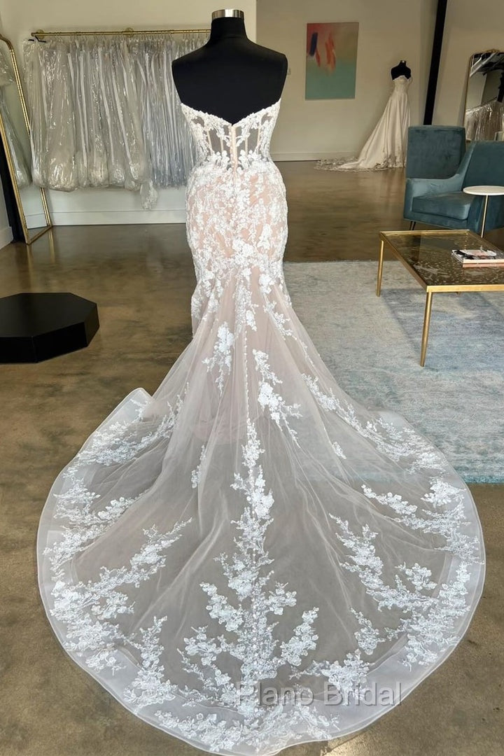 Ivory Strapless Floral Lace Trumpet Long Bridal Gown Wedding Dresses