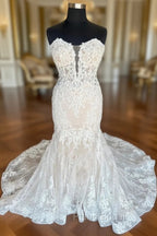 Ivory Strapless Floral Lace Trumpet Long Bridal Gown Wedding Dresses