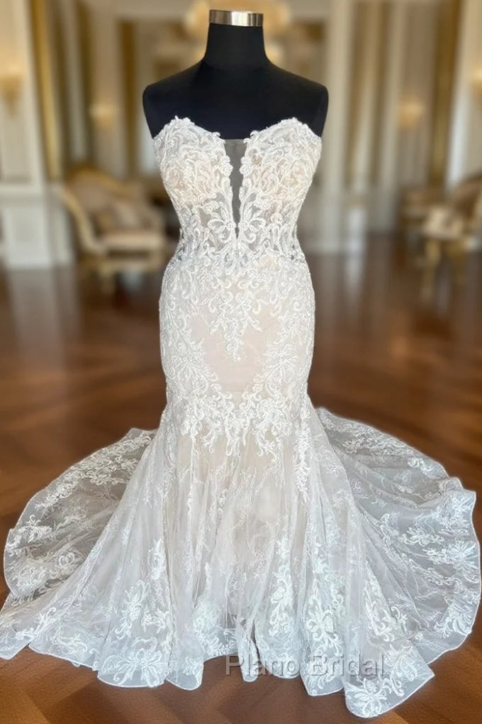 Ivory Strapless Floral Lace Trumpet Long Bridal Gown Wedding Dresses