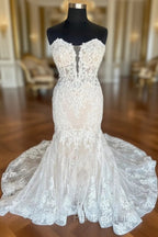 Ivory Strapless Floral Lace Trumpet Long Bridal Gown Wedding Dresses