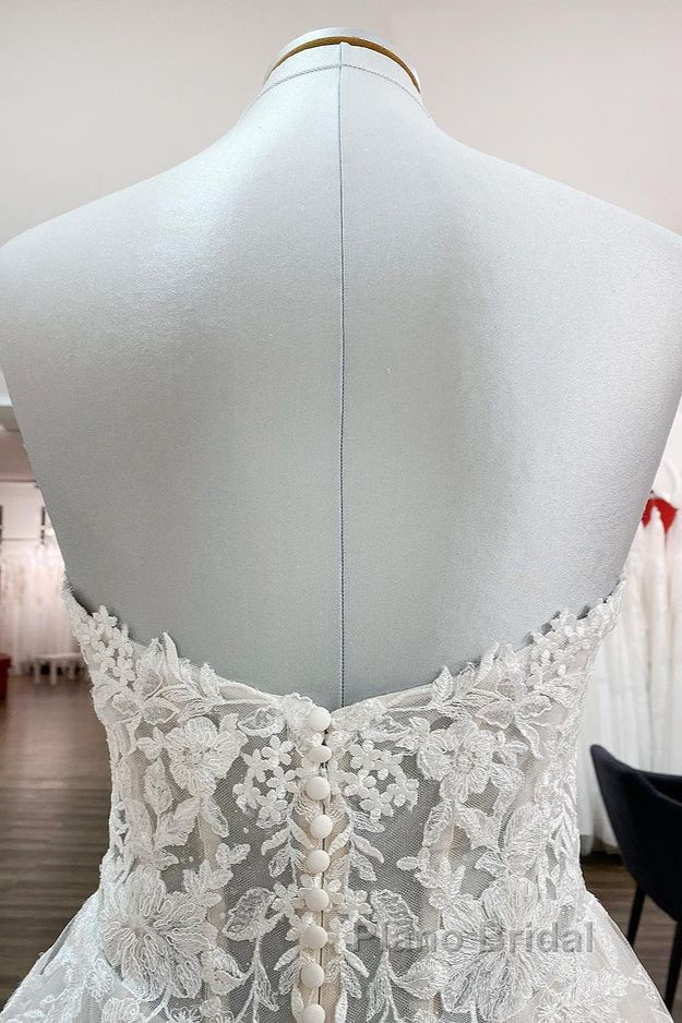 Ivory Tulle Lace Wedding Dresses A-Line Sweetheart Bridal Dresses With Sweep Train Off Shoulder