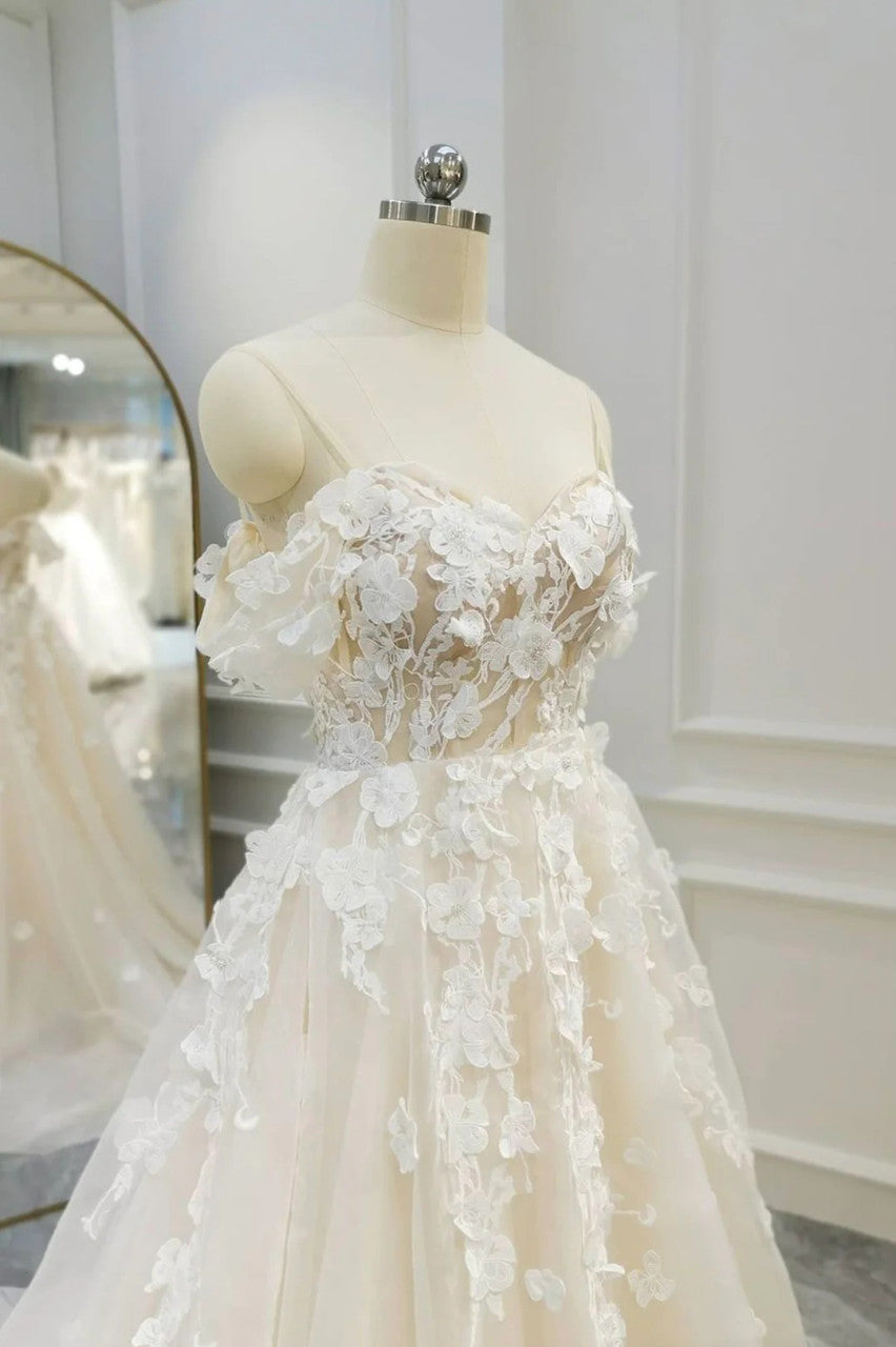 Ivory Tulle Off the Shoulder Appliques Wedding Dresses