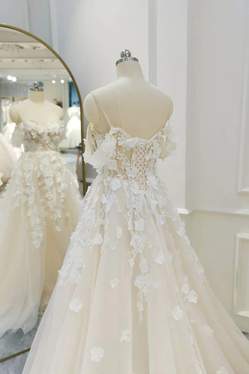 Ivory Tulle Off the Shoulder Appliques Wedding Dresses