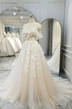 Ivory Tulle Off the Shoulder Appliques Wedding Dresses