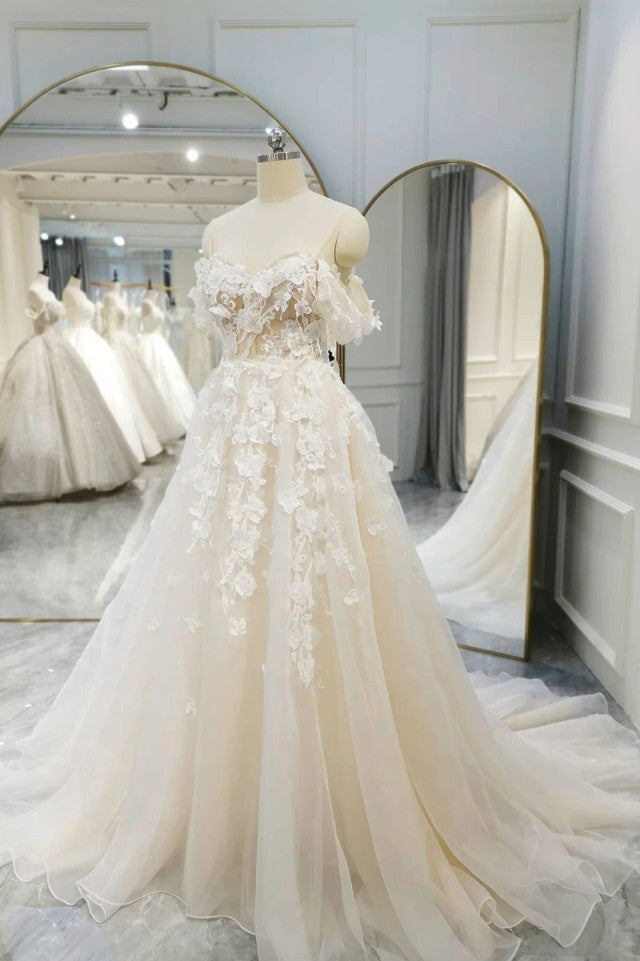 Ivory Tulle Off the Shoulder Appliques Wedding Dresses