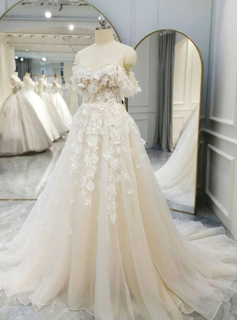 Ivory Tulle Off the Shoulder Appliques Wedding Dresses