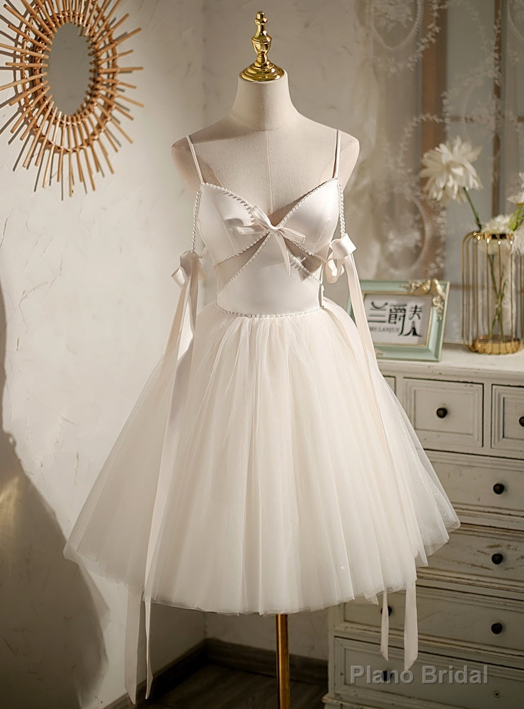 Ivory Tulle Satin Spaghetti Straps Pearls Homecoming Dress Main image