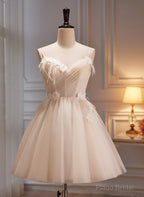 Ivory Tulle Short Homecoming Dress with Flowers, Ivory Short Prom Dress