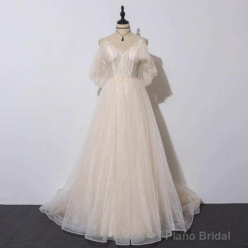 Ivory Tulle V-neckline Straps Off Shoulder Long Evening Dress, A-line Prom Dress Party Dress Main image