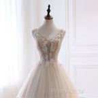 Ivory Tulle With Lace Long Wedding Party Dresses With Sweep Train, Ivory Formal Dresses