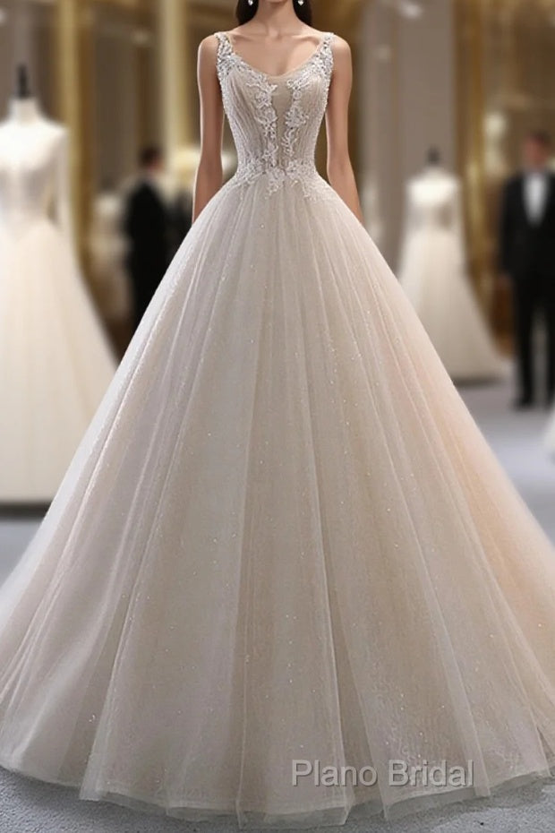 Ivory Tulle With Lace Long Wedding Party Dresses With Sweep Train, Ivory Formal Dresses Main image