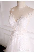 Ivory Tulle With Lace Round Neckline Long Wedding Party Dresses, Ivory Tulle Formal Prom Dresses