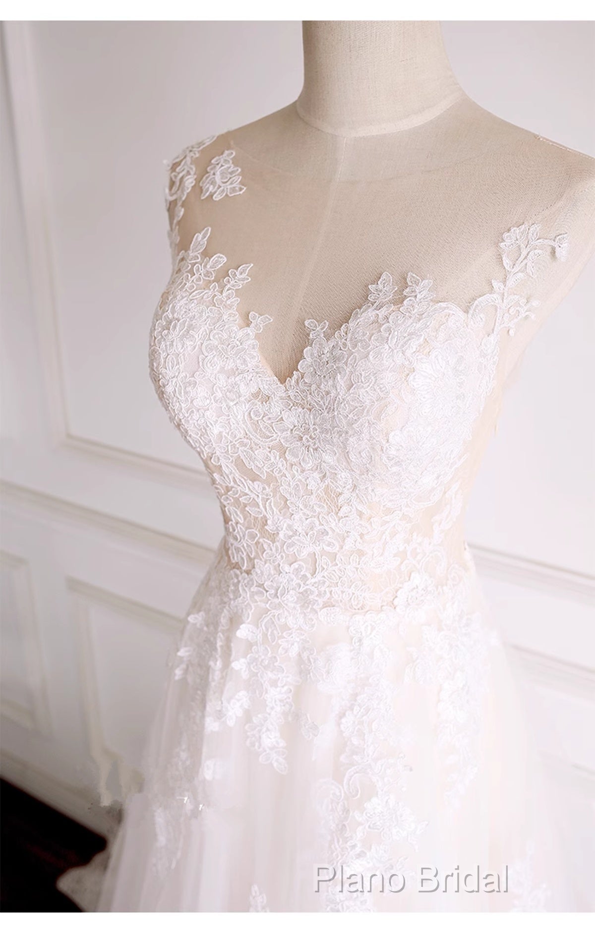 Ivory Tulle With Lace Round Neckline Long Wedding Party Dresses, Ivory Tulle Formal Prom Dresses Secondary image