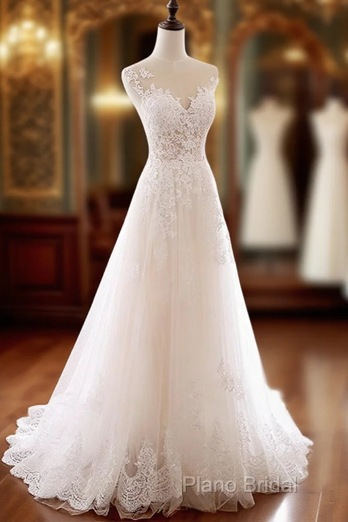 Ivory Tulle With Lace Round Neckline Long Wedding Party Dresses, Ivory Tulle Formal Prom Dresses Main image