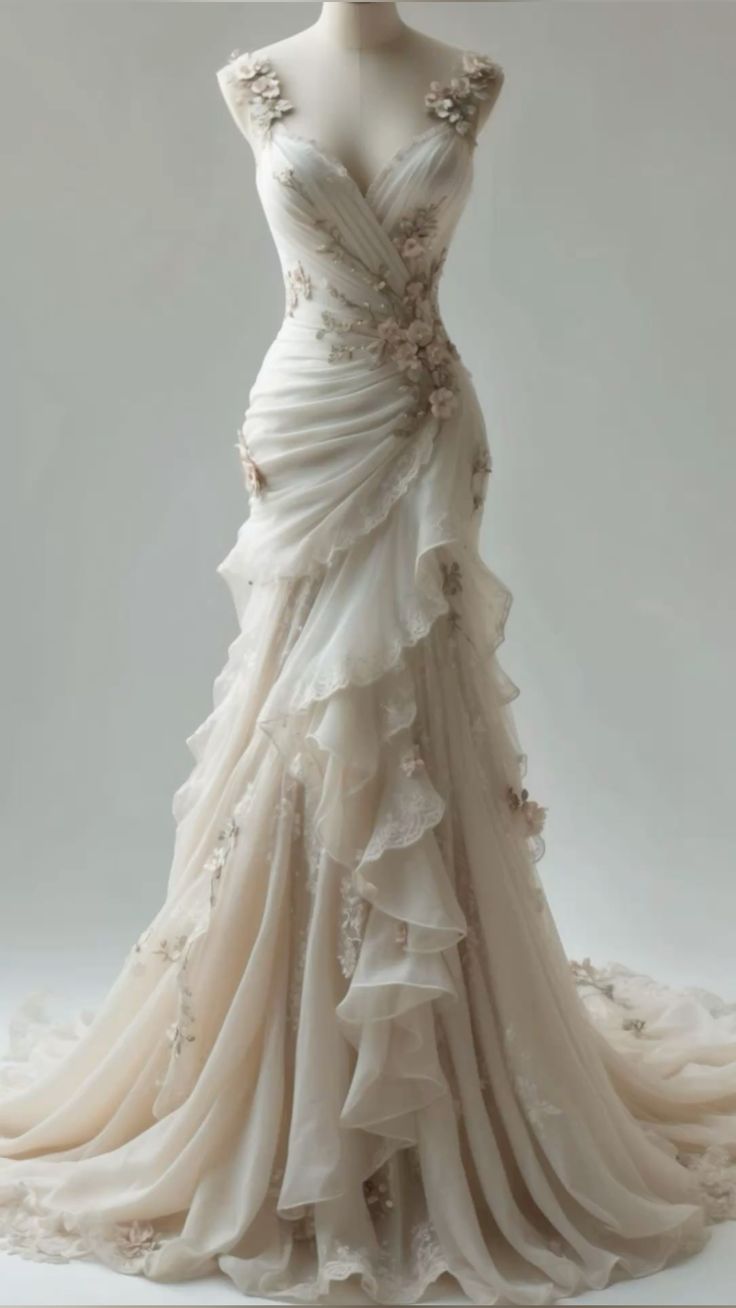Ivory Vintage Floral Long Tulle Ball Gown Wedding Dresses Main image