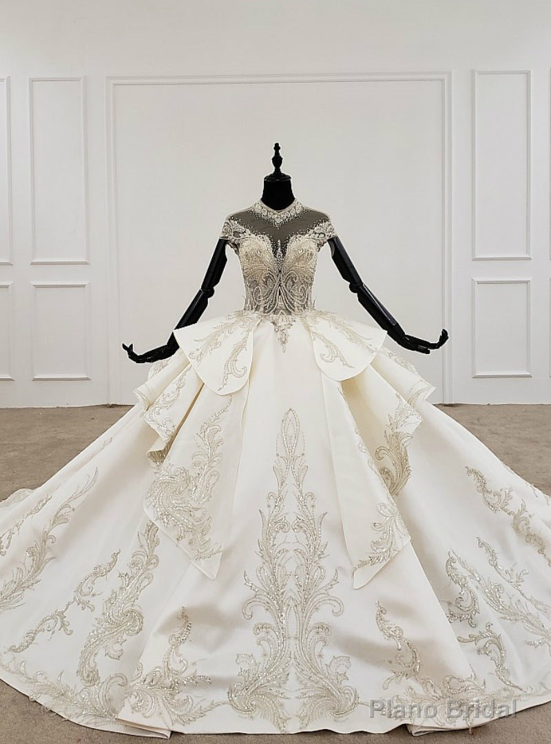 Ivory White Ball Gown Satin High Neck Cap Sleeve Backless Beading Wedding Dress Main image