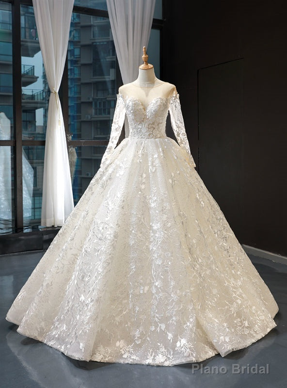 Ivory White Ball Gown Sequins Appliuqes Long Sleeve Backless Wedding Dress Main image