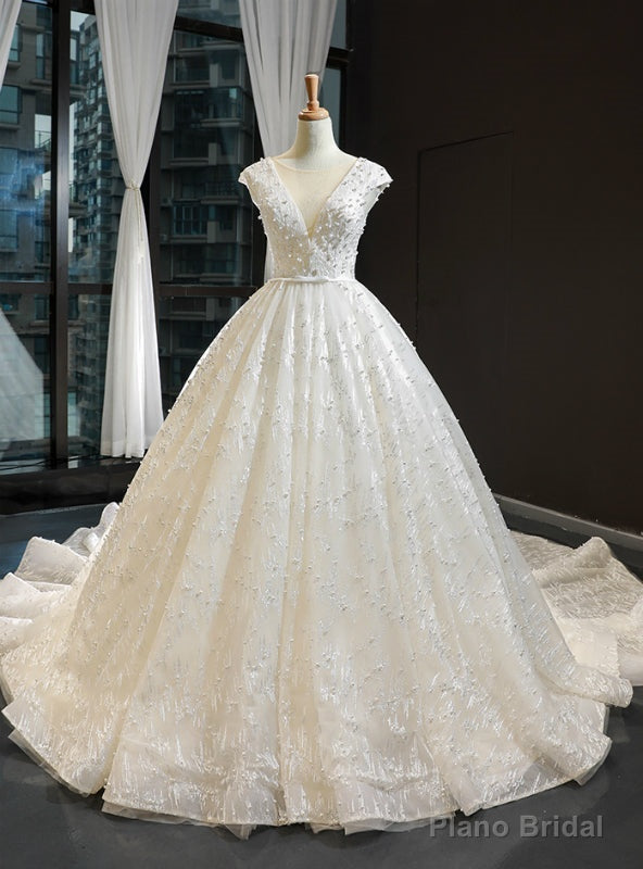 Ivory White Ball Gown Tulle Appliques Backless Cap Sleeve Luxury Wedding Dress With Pearls