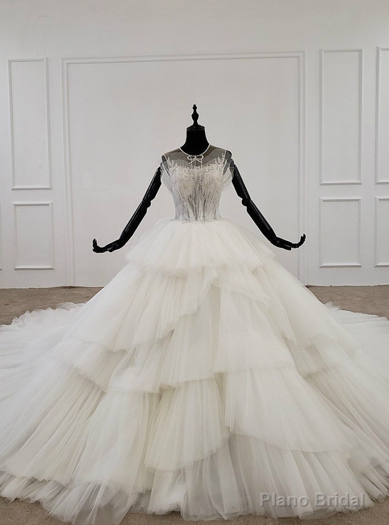 Ivory White Ball Gown Tulle Backless Sleeveless Wedding Dress With Long Train Main image