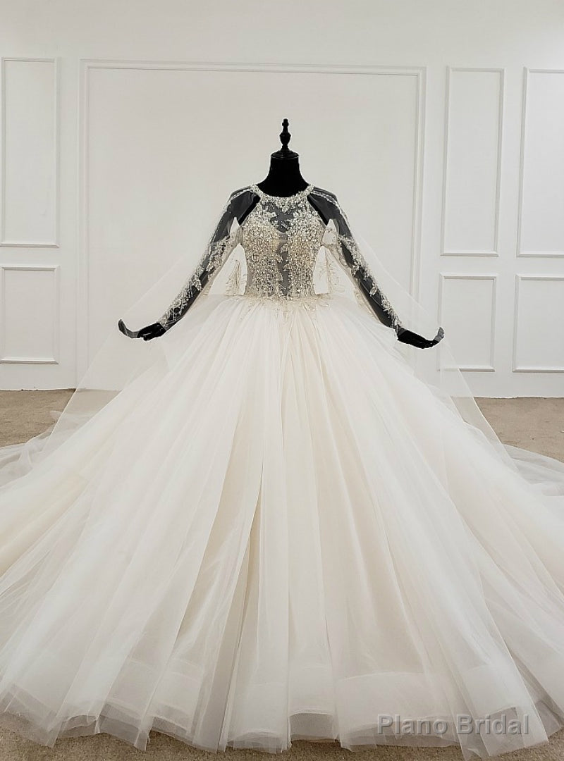 Ivory White Ball Gown Tulle Halter Backless Beading Pearls Wedding Dress Main image